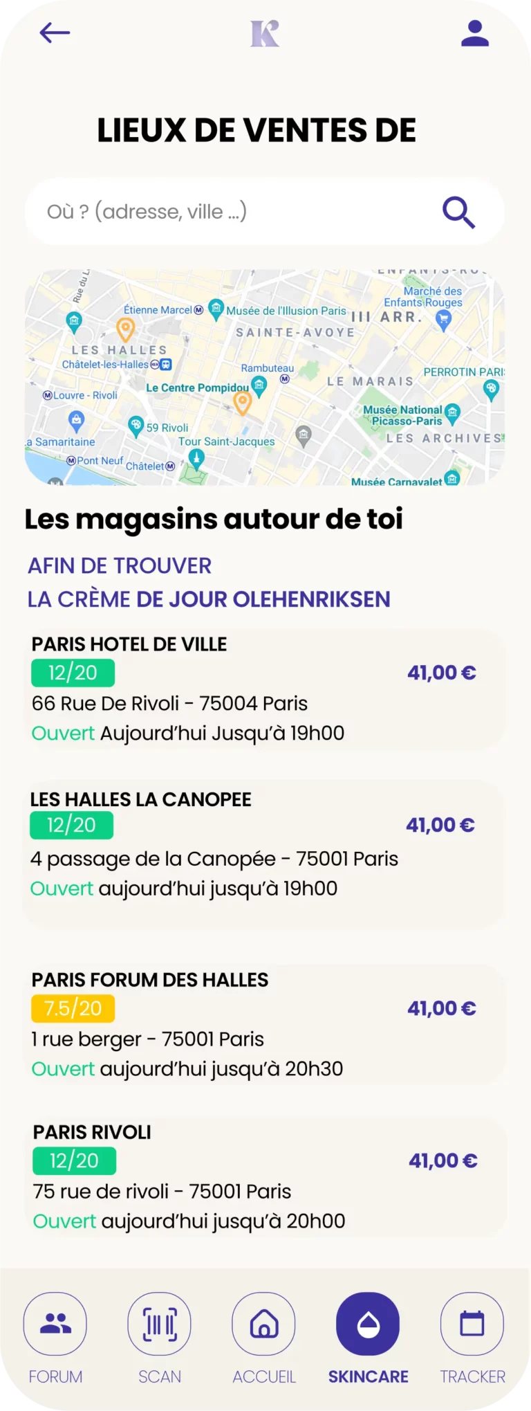 Les magasins proches avec map